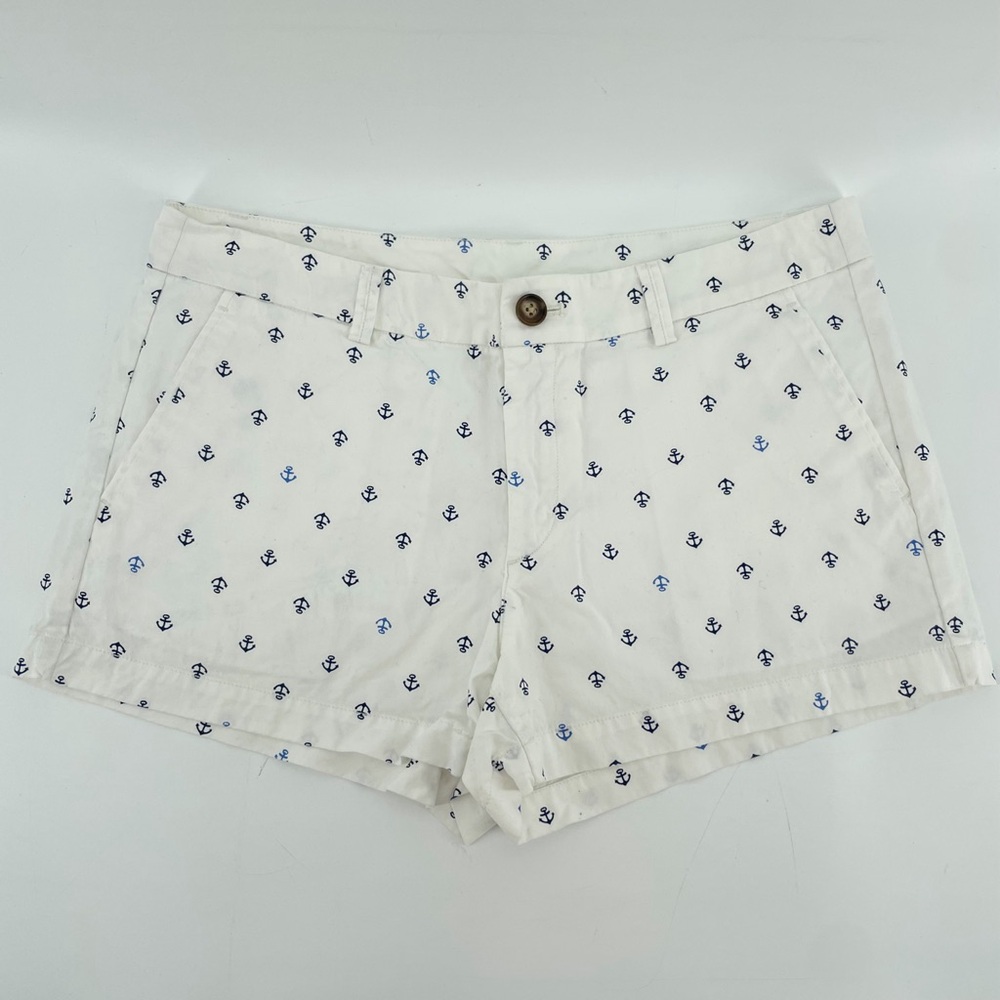 Uniqlo Women’s Chino Shorts White Blue Anchors 100% Cotton Nautical 8